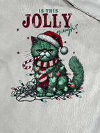 Close up of focal point of t-shirt that says: Is This Jolly Enough cat Christmas shirt – novelty holiday graphic tee