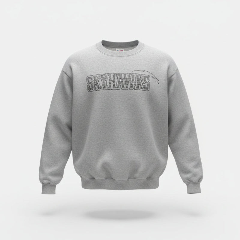 Gray sweatshirt with 'SKYHAWKS' text on a white background