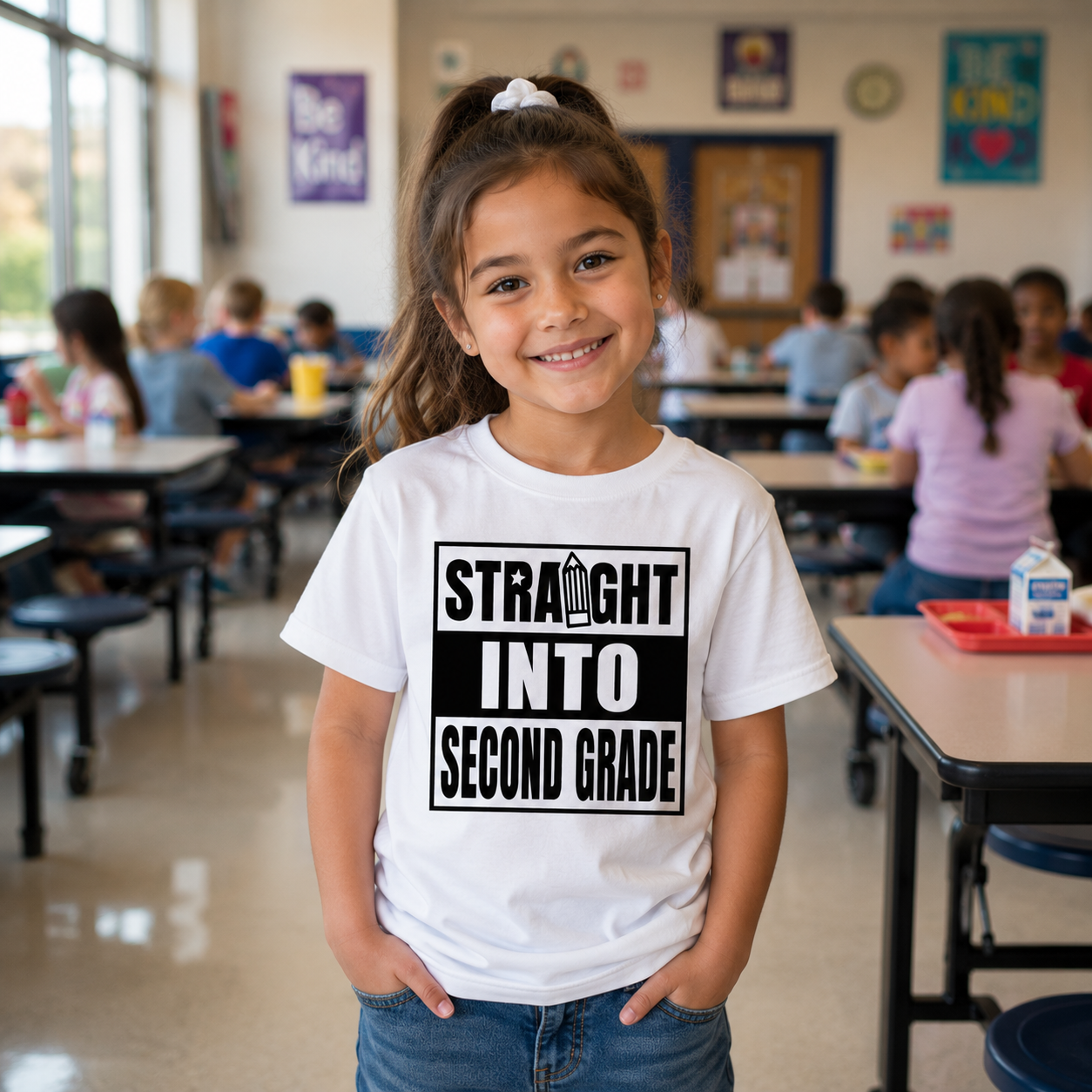 A young girl smiling in a school classroom, wearing a white graphic t-shirt that reads 'STRAIGHT INTO SECOND GRADE' in bold black text.
