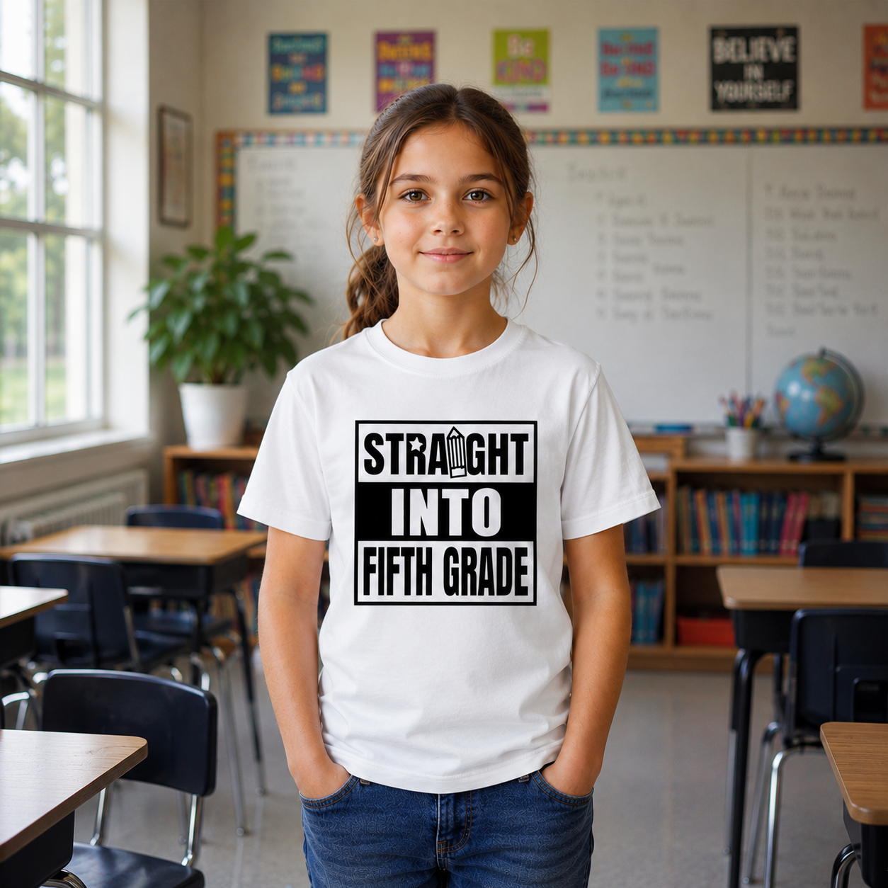 A young girl with brown hair in a ponytail stands in a classroom wearing a white graphic t-shirt that reads 'STRAIGHT INTO FIFTH GRADE' in black and white block letters. She is wearing blue jeans, with school desks, chairs, a whiteboard, and a globe visible in the background.