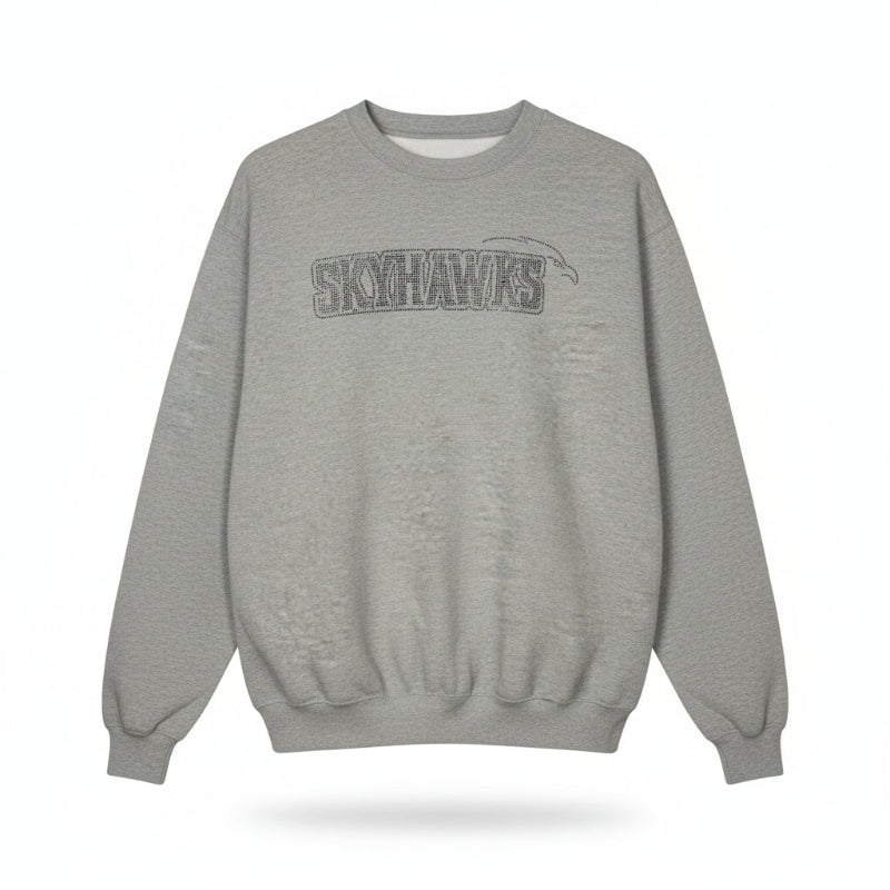 Gray sweatshirt with 'SKYHAWKS' text on a white background