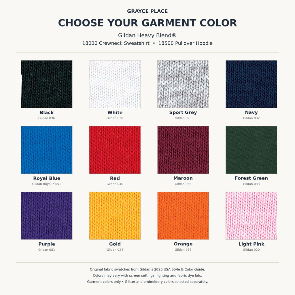 Gildan 18000 crewneck and 18500 hoodie garment color chart showing the 12 available colors