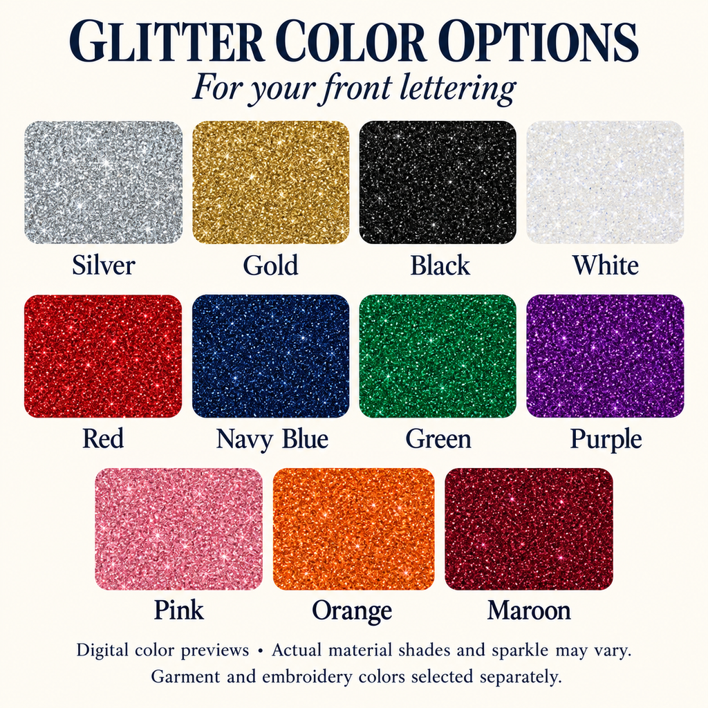 Glitter color options: Silver, Gold, Black, White, Red, Navy Blue, Green, Purple, Pink, Orange, Maroon. Digital previews.