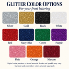 Glitter color options: Silver, Gold, Black, White, Red, Navy Blue, Green, Purple, Pink, Orange, Maroon. Digital previews.