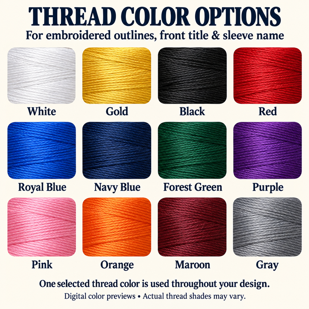 Thread color options: White, Gold, Black, Red, Royal Blue, Navy Blue, Forest Green, Purple, Pink, Orange, Maroon, Gray. Digital previews.