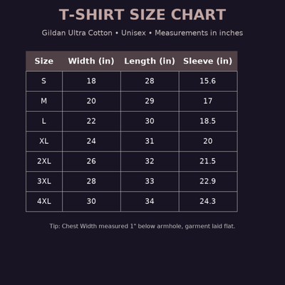 T-shirt size chart for Gildan Ultra Cotton Unisex shirts with measurements in inches.