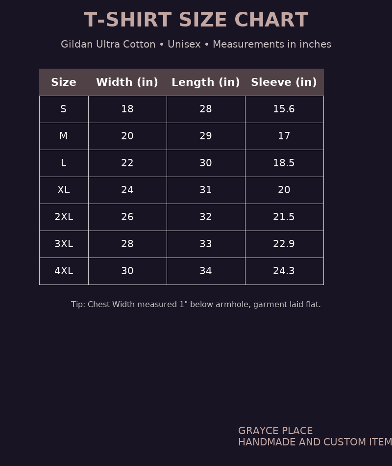 T-shirt size chart for Gildan Ultra Cotton Unisex shirts with measurements in inches.