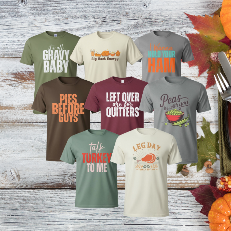 Collection of Thanksgiving-themed t-shirts on a wooden background with fall decorations.
