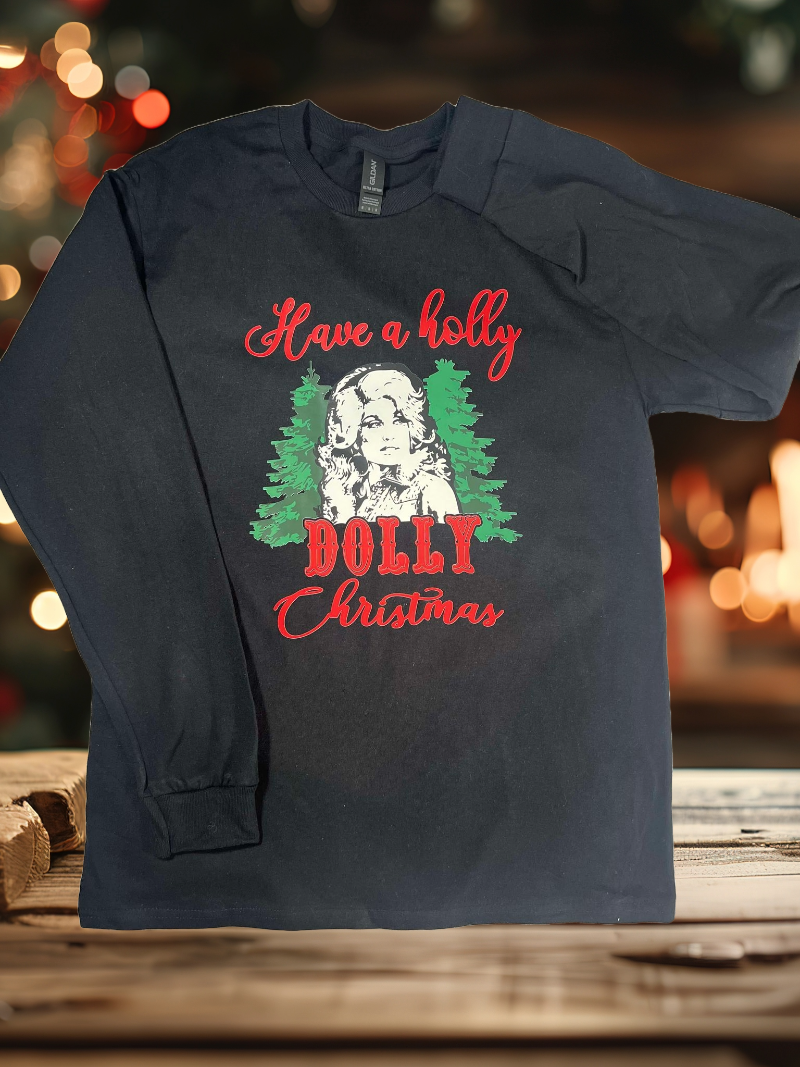 Black long sleeve shirt with “Have a Dolly Christmas” and Dolly Parton design