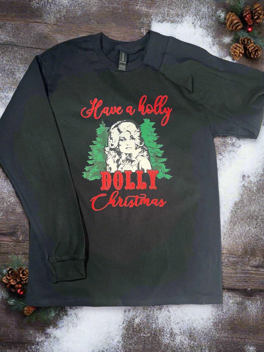 Holiday graphic tee featuring Dolly Parton portrait and Christmas charm