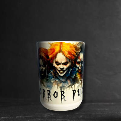 Mug with horror-themed design featuring characters and the word 'Horror' on a white background.