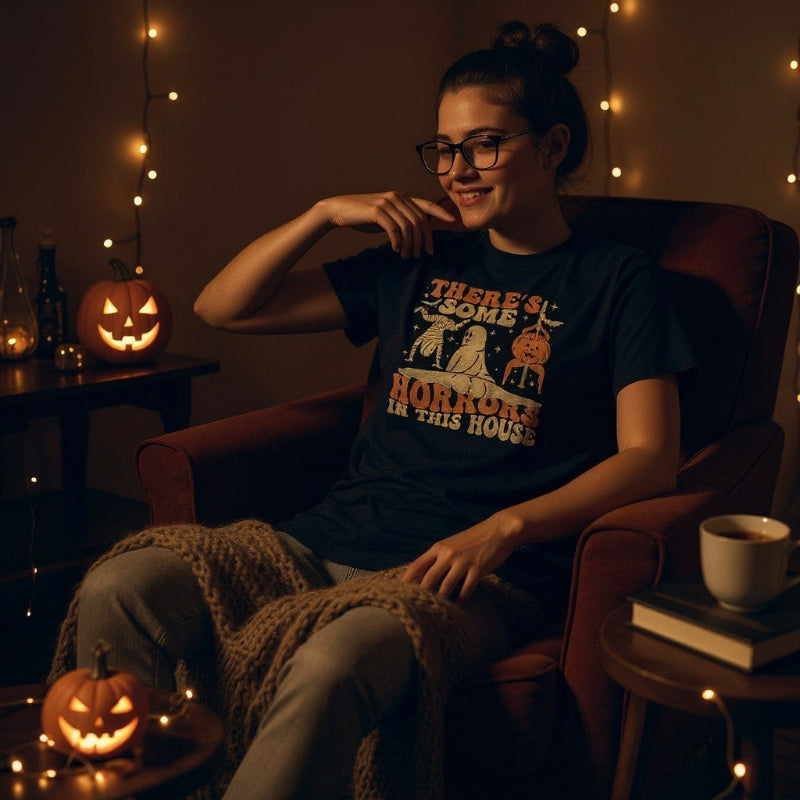 Person sitting in a dimly lit room with Halloween decorations, wearing a t-shirt with a graphic design.