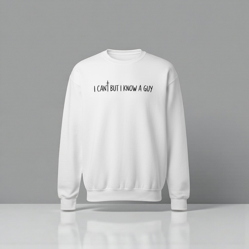 White sweatshirt with text on a gray background