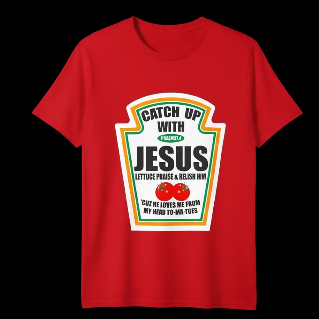 A red short-sleeve crewneck t-shirt with a parody graphic designed to look like a ketchup bottle label. The graphic reads 'CATCH UP WITH JESUS LETTUCE PRAISE & RELISH HIM' with two small tomatoes and a quote at the bottom, set against a solid black background.