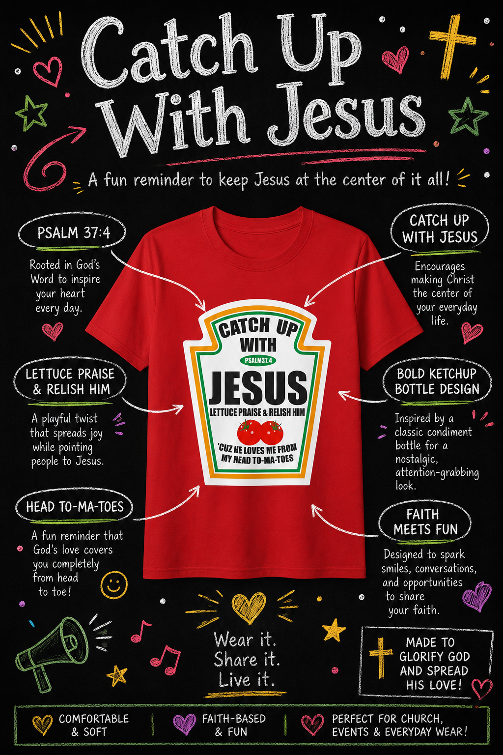 A red graphic t-shirt with a parody label design reading 'Catch Up With Jesus' displayed on a black chalkboard-style background with decorative doodles and text callouts.