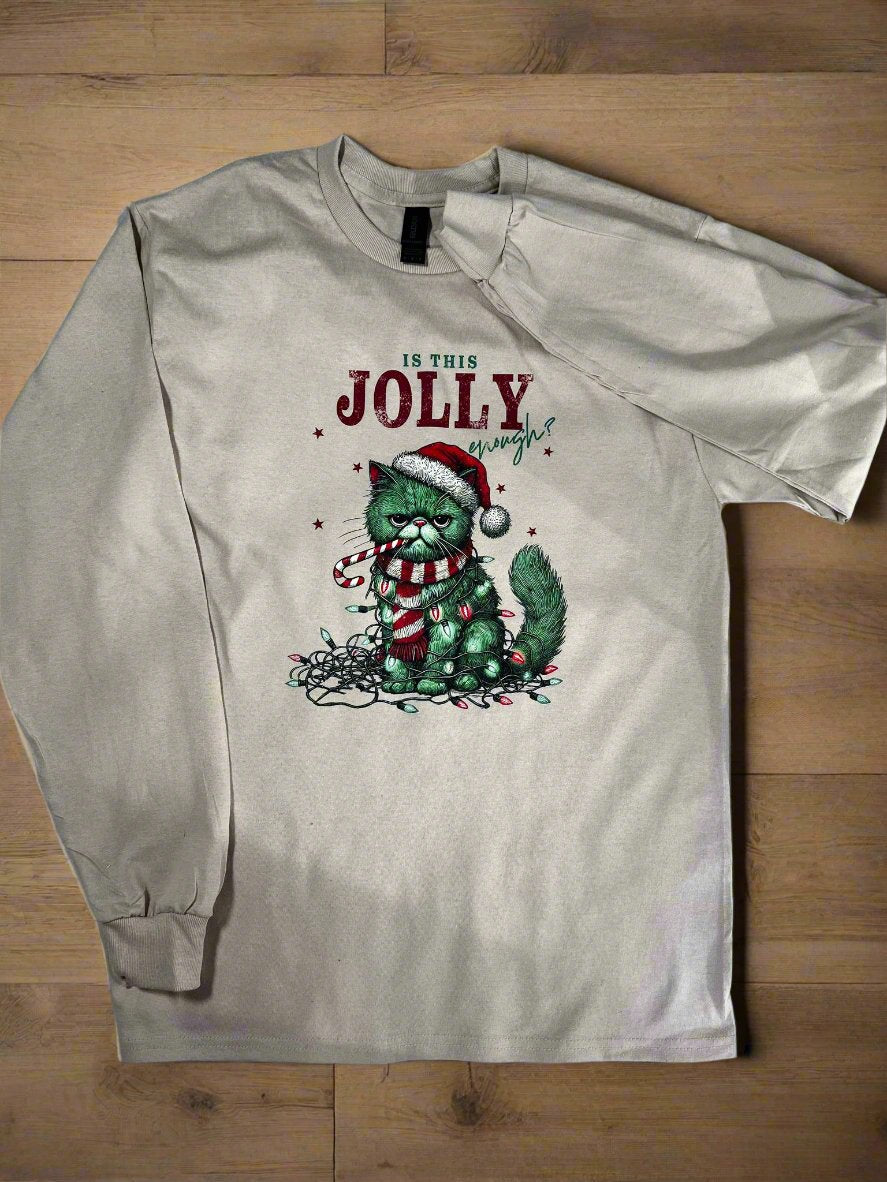 Funny Christmas cat shirt with “Is This Jolly Enough?” design in cream color