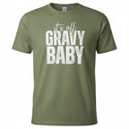 Green t-shirt with 'it's all gravy baby' text on a white background