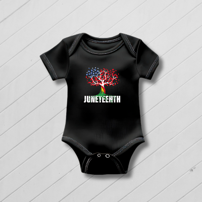 Black baby onesie with 'Juneteenth' design on a gold background