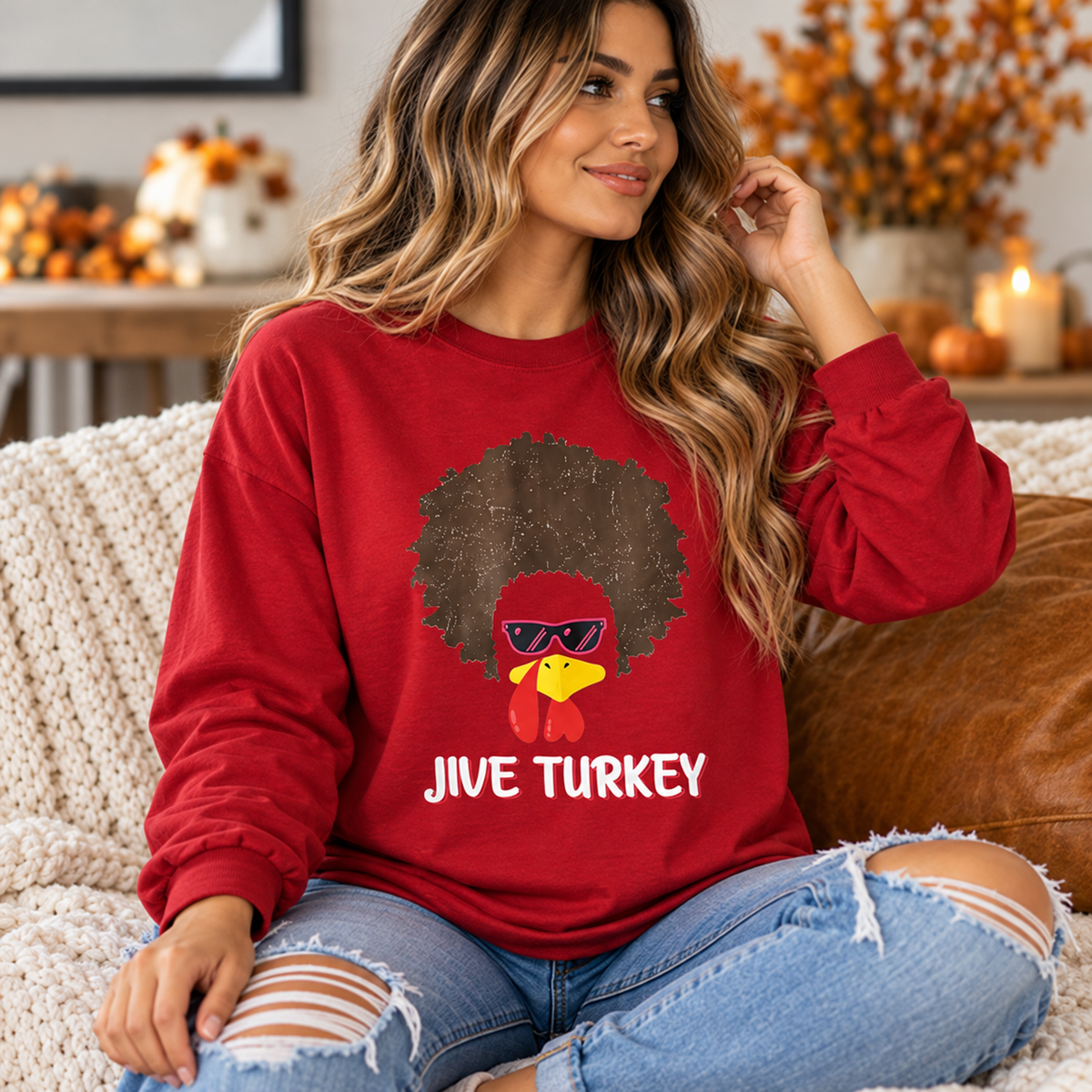 Model wearing jive-turkey-red-shirt-lifestyle-front-view.