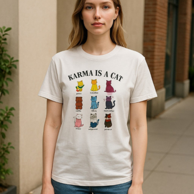 White Karma Is A Cat Taylor Swift lyric shirt hanging outdoors