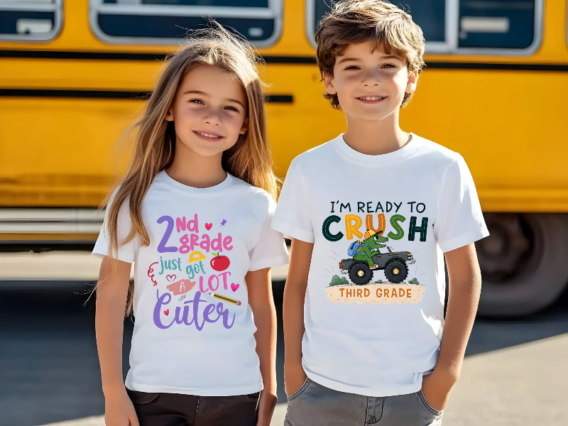 Two children wearing white t-shirts with back-to-school-themed designs in front of a yellow school bus.