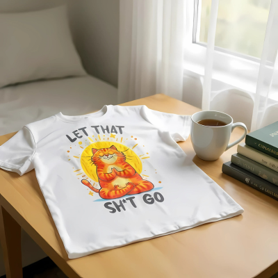 White t-shirt with a colorful graphic and text on a wooden table with a cup and books.