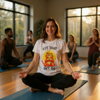 Woman in yoga pose wearing royal blue “Let That Sht Go” cat graphic t-shirt.
