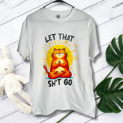 Unisex t-shirt for “Let That Sht Go” cat tee on grey background