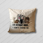 Pillow with cartoon dogs and text on a white wooden floor