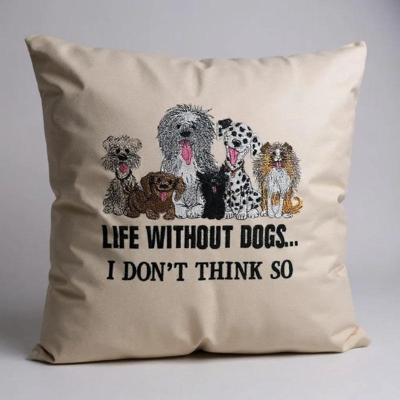 Beige pillow with dog illustrations and text on a gray background