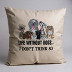 Beige pillow with dog illustrations and text on a gray background