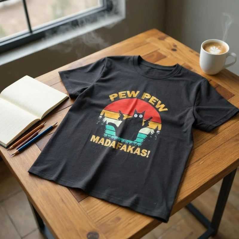  a black tee that says: Pew Pew Modafakas laying on a table
