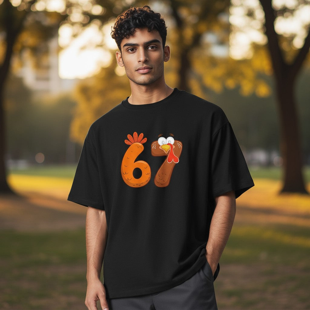 Person wearing a black t-shirt with a graphic design in a park setting