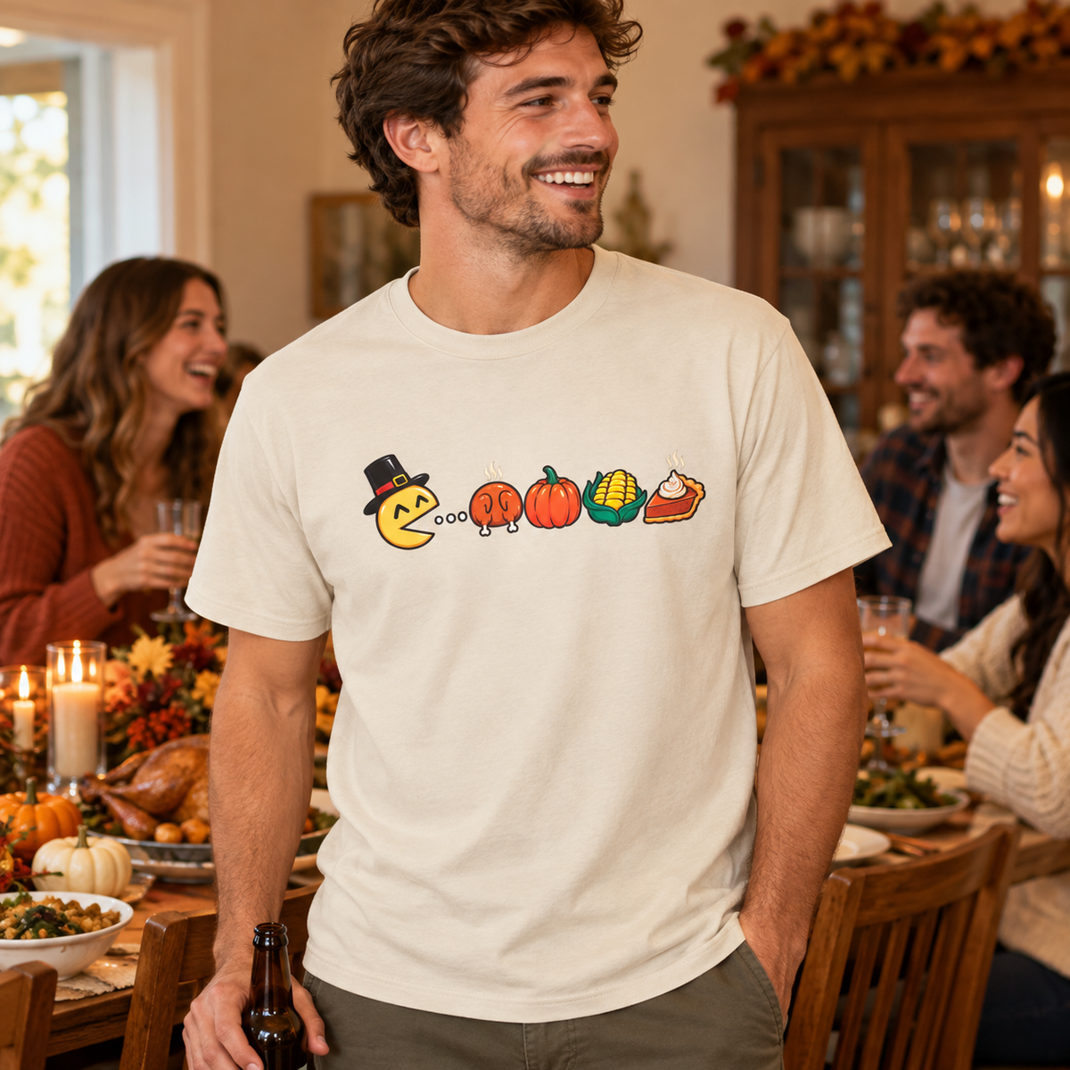 Man wearing the Nostalgic Thanksgiving Graphic Tee while enjoying Friendsgiving dinner with friends.