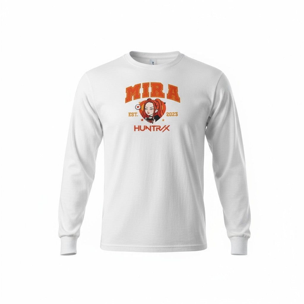 White long-sleeve shirt with red and black graphic design on a white background