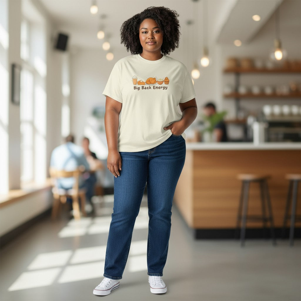 Woman wearing a white t-shirt with text and graphics in a casual setting