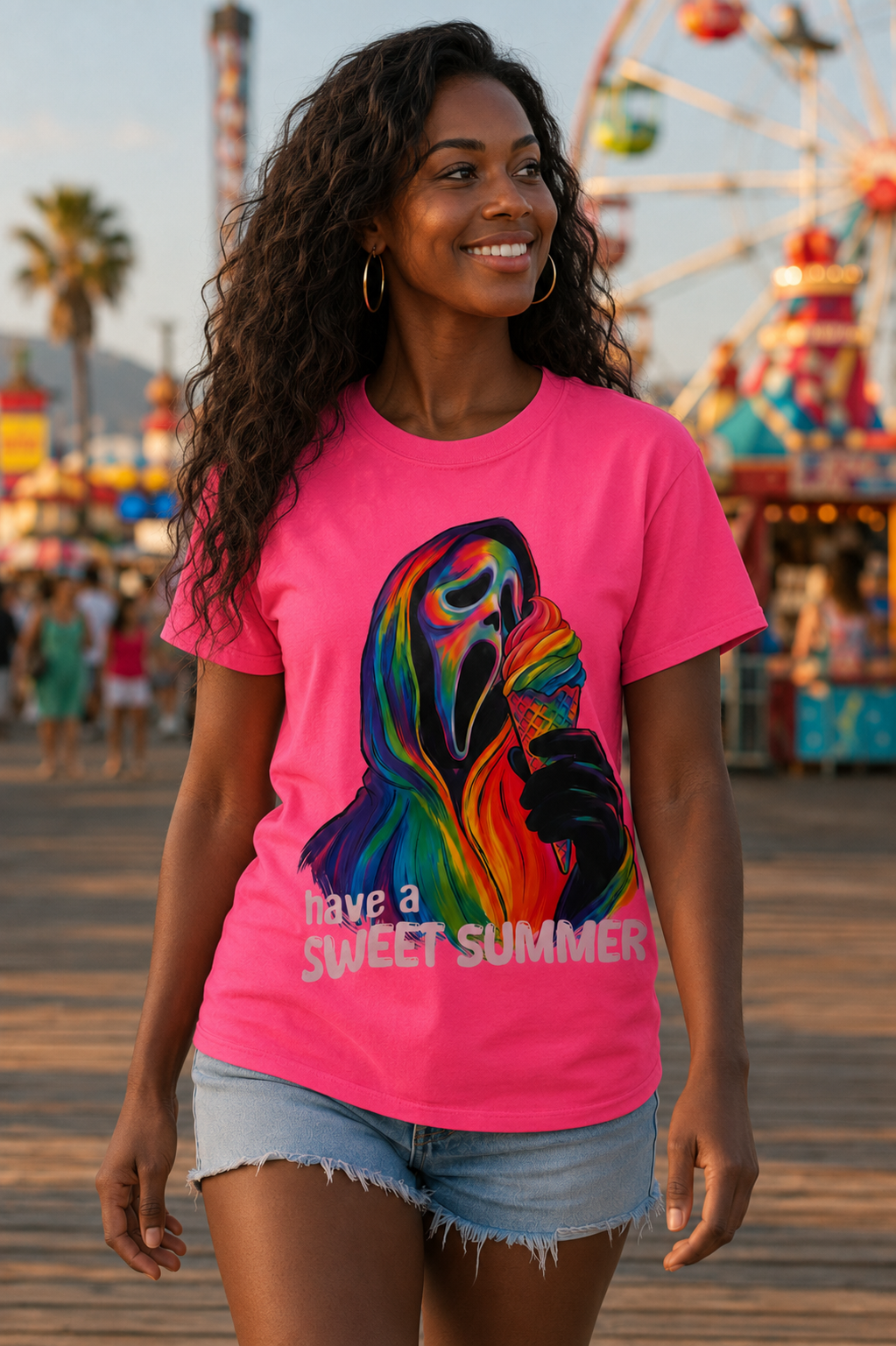 A woman wearing a bright pink graphic t-shirt with a colorful horror character and the text 'have a SWEET SUMMER' in front of a blurred amusement park background.