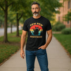 A male Model wearing a black tee that says: Pew Pew Modafakas