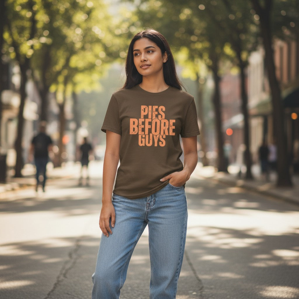 Woman wearing a brown t-shirt with 'Pies Before Guys' text on a city street.