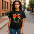 Model wearing trending novelty graphic shirt featuring Pew Pew Madafakas retro cat design