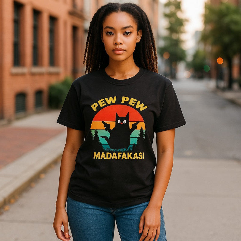 Model wearing trending novelty graphic shirt featuring Pew Pew Madafakas retro cat design