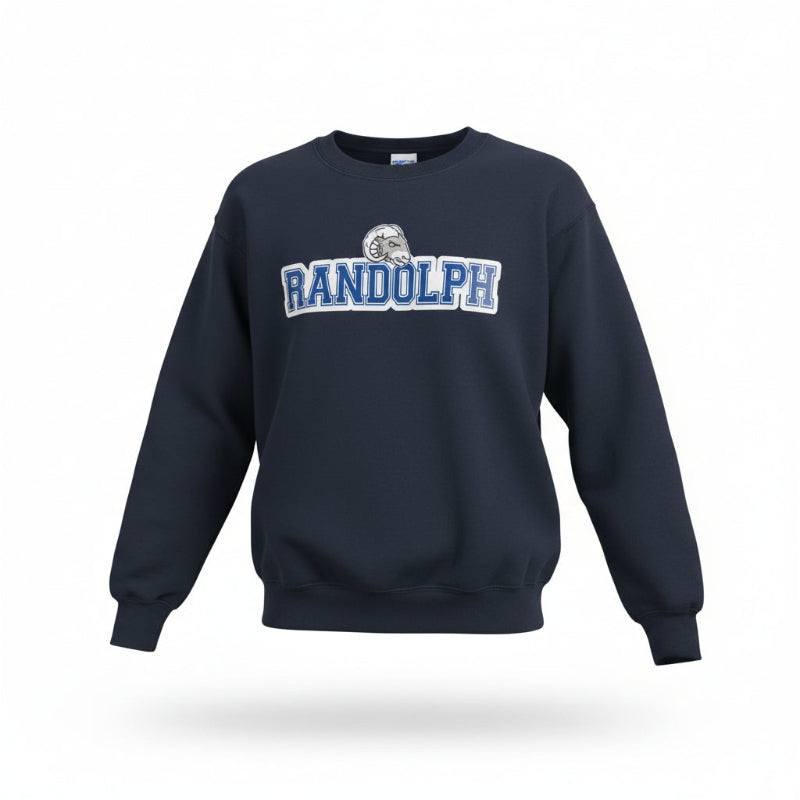 Navy blue sweatshirt with 'Randolph' text on a white background