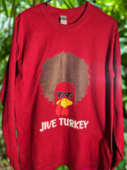 Humorous turkey shirt with afro, sunglasses, and groovy Thanksgiving style