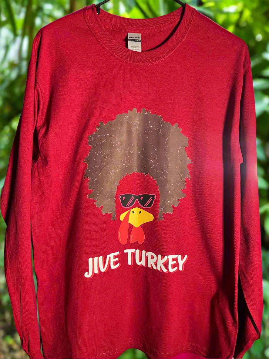 Humorous turkey shirt with afro, sunglasses, and groovy Thanksgiving style