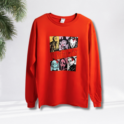 Red long-sleeve shirt with graphic design on a white background