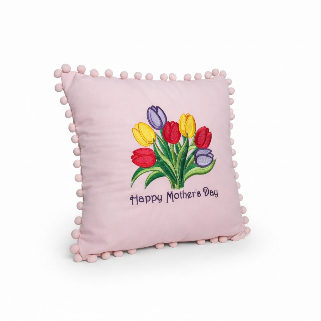 Pink pillow with embroidered tulips and 'Happy Mother's Day' text on a white background