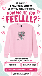 A pink crewneck sweatshirt with a colorful embroidered cross and the words 'Trust the Lord With All Your Heart' on the chest, presented on a white background with decorative pink hearts and promotional text.
