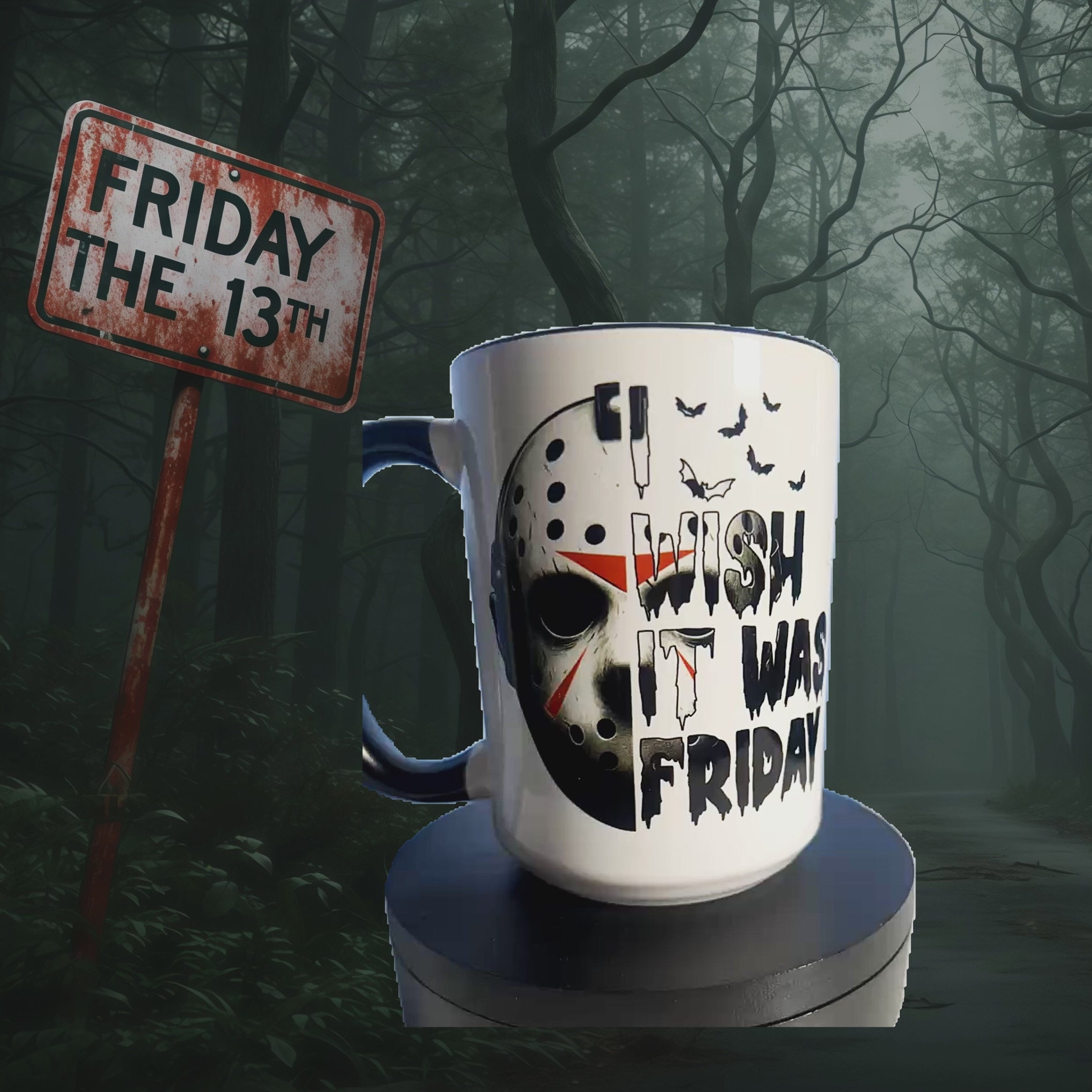 Mug with a hockey mask design and text 'I wish it was Friday' on a woods background on a spinning platform.