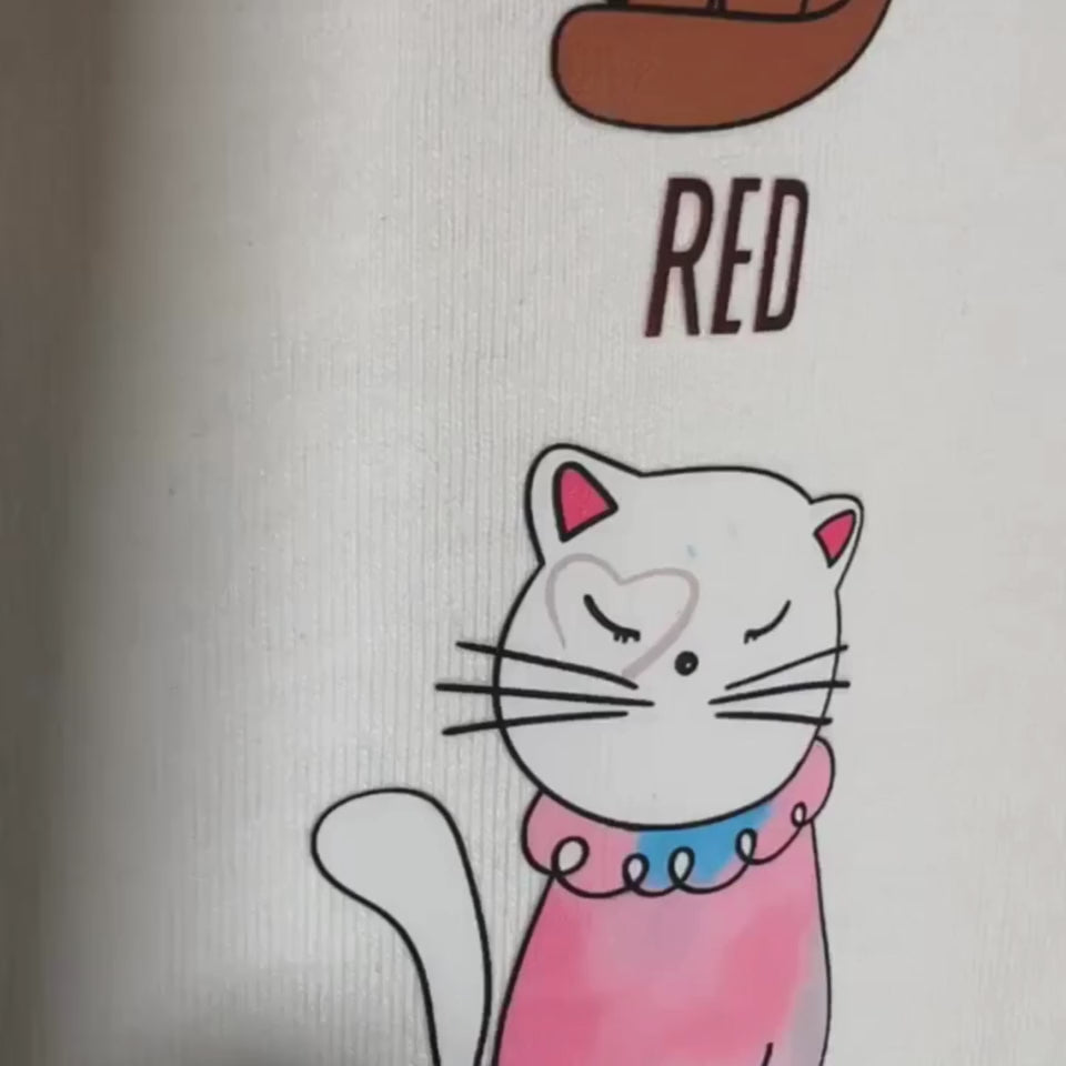 Close-up of colorful cat illustrations representing Taylor Swift albums with lyric text Karma Is A Cat.