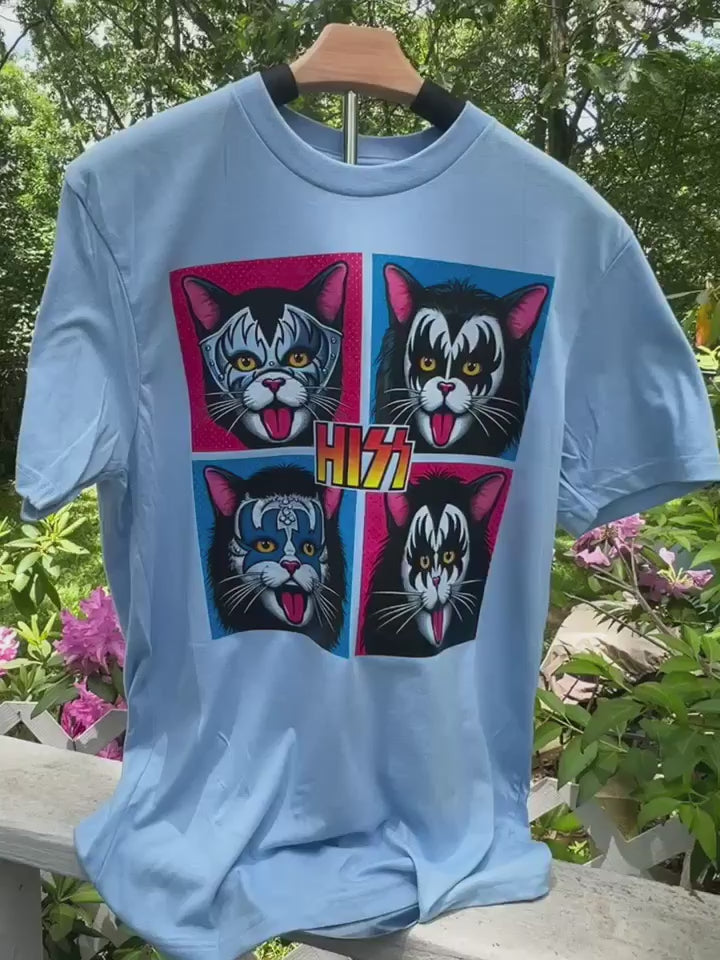 Light blue tee-shirt with cats that mimic the rock band Kiss